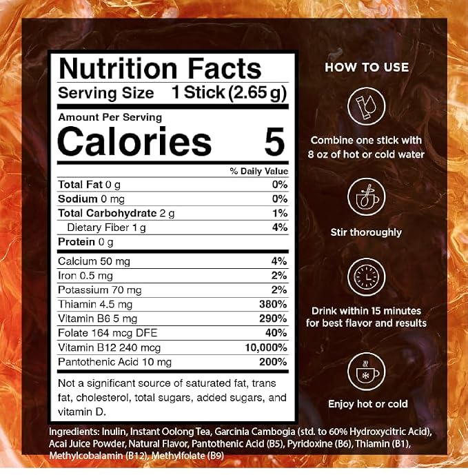 VitaCup Slim Instant Tea Packets For Diet Support, Oolong tea w/B Vitamins, Garcinia, Inulin & Acai, On-the-go Instant Sticks, 10 Ct