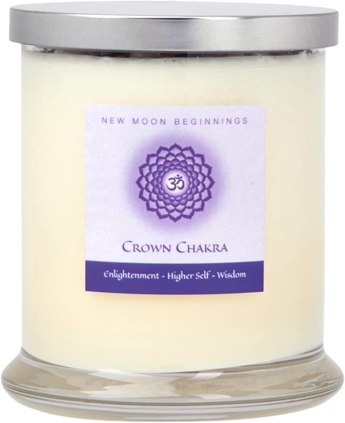 Crown Chakra Candle by New Moon Beginnings - Chakra Candles - Dried Flower, Herb, & Crystal Candles - Aromatherapy Candles - Soy Candle - 12oz Glass Jar