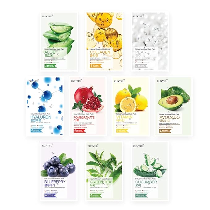 EUNYUL Natural Mask Sheet [Pack of 10] - 10 Types of Korean Face Sheet Masks for Intense Hydrating, Soothing & Glowing Skin - K-Beauty Skin Care Set