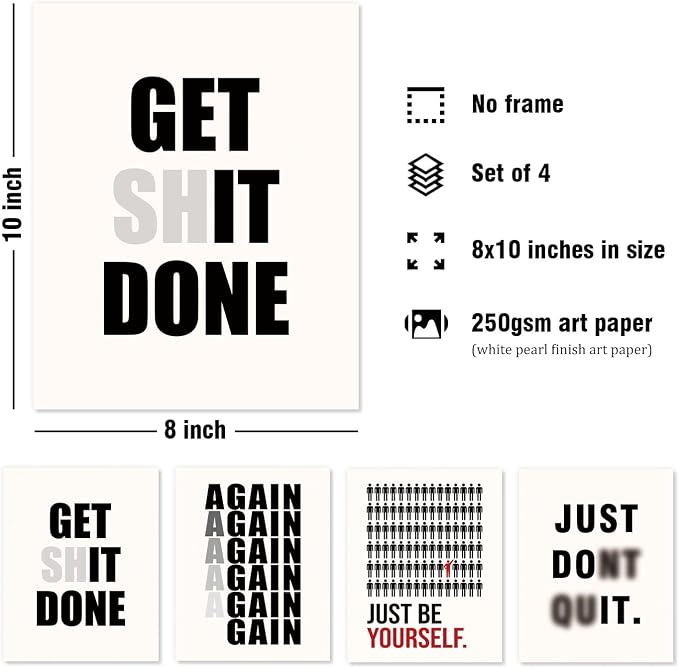DSHFG Motivational Funny Office Wall Art Prints Set of 4 | Office Inspirational Wall Art, Motivational Quotes Wall Decor Posters for Office Home, 8x10 Unframed