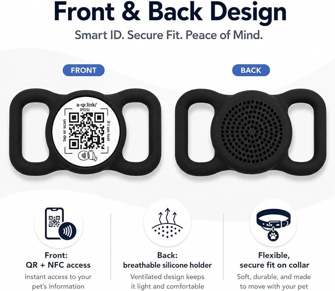 Smart Pet ID Tag for Dog Collar with NFC & QR Code | Silent Silicone Holder, Waterproof & Easy Clean, No App or Subscription, Secure Horizontal Fit, Online Pet Profile