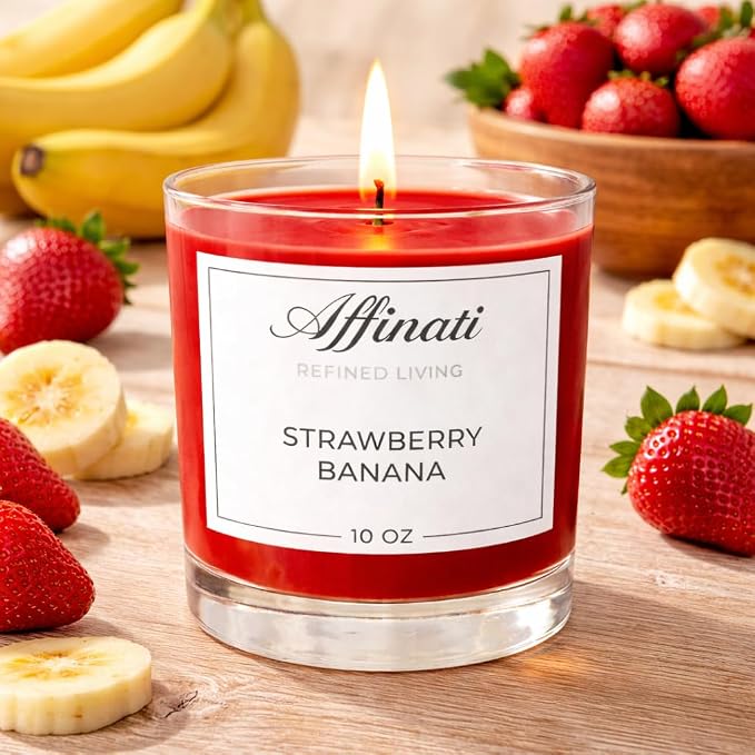Strawberry Banana Affinati 10 oz Scented Candle for Home – Long Lasting Fruity Soy Blend Candle with Wooden Wick, Strong Scent Throw Glass Jar Candles, Premium Clean Burning Aromatherapy Gifts