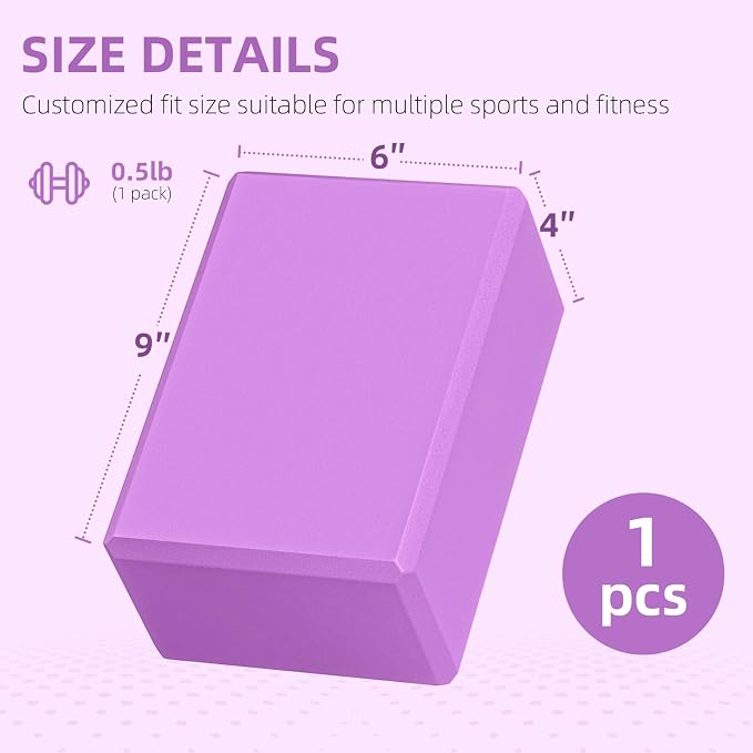 Large Foam Yoga Block 1 Pack, 9x6x4 Sturdy Pilates Block, Workout Block, Non Slip Surface Yoga Brick for Pilates Meditation, Stretching and Toning