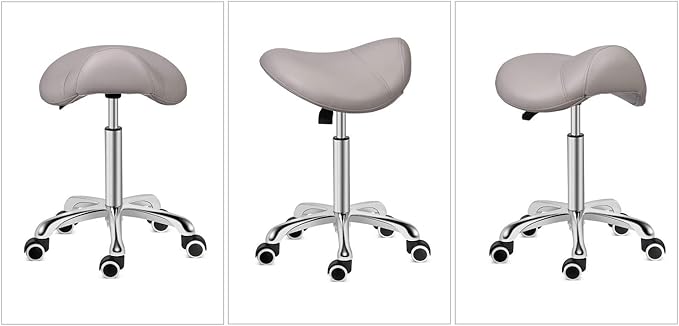 Kaleurrier Saddle Stool Rolling Swivel Height Adjustable with Wheels,Heavy Duty Saddle Chair,Ergonomic Stool Chair for Hair Salon Lab Clinic Dental Massage Home Office Kitchen (Grey, Without Back)