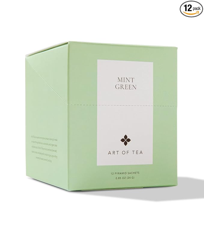 Art of Tea Mint Green Tea Bags 12 Count, Organic Peppermint & Spearmint Green Tea Sachets, Premium Pyramid Tea Bags for Hot or Iced Tea, Smooth Refreshing Green Tea with Moderate Caffeine
