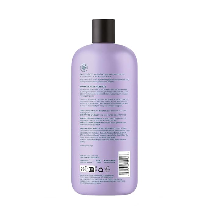 ATTITUDE Foaming Hand Soap Refill, EWG Verified, Natural & Plant-Based Hand Wash, Gentle & Moisturizing, Vegan, Herbal Musk Scent, 30 Fl Oz