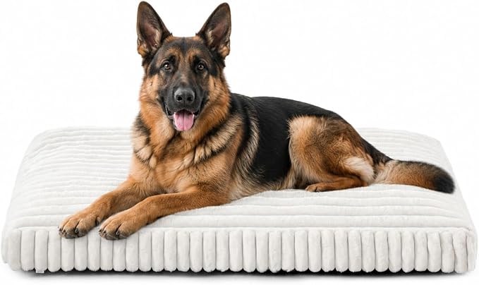 XL Dog Bed, Flat Pet Beds with Removable Washable Cover, Pet Mat Cute Dog Crate Bed Thick Shredded Chopped Crate Foam & Anti Slip Bottom for Indoor, 42"x27"x4" Cream
