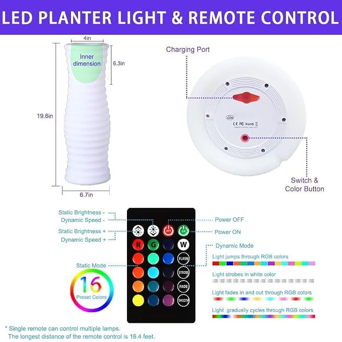 Rechargeable LED Vase Night Light with Remote & 16 Colors ﻿ | 20-in Dimmable LED Mood Lighted Vase for Living, IP65 Waterproof & Sturdy Flower Pot Floor Lamp for Yard Wedding Party Decor