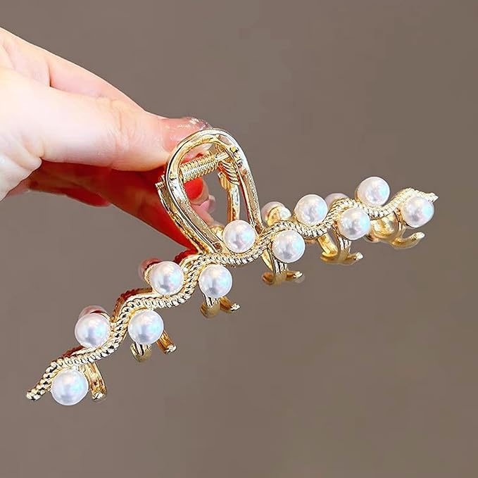 Crystal Hair Clips, Metal Imitation Pearl Hair Claw Clip for Women, Rhinestone Hair Claw Barrettes Non Slip Hair Clamp Fashion Wedding Party Accessories Elegant Jaw Clip Decorations for Lady (2 Pack)