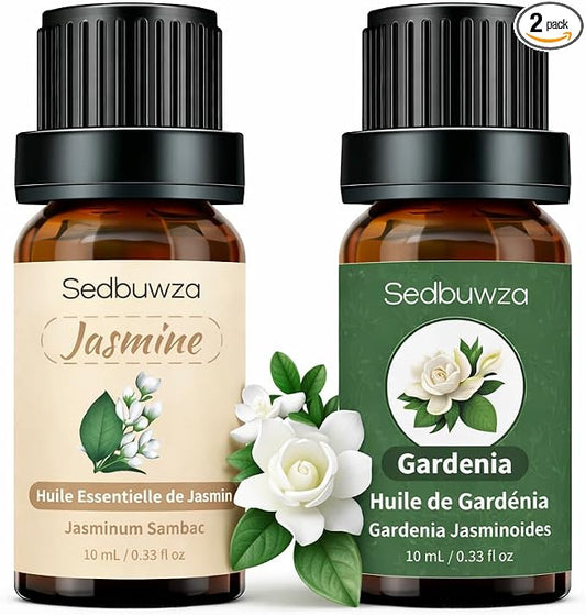 Sedbuwza Gardenia Jasmine Essential Oil Set, Gardenia Fragrance Oil Jasmine Scent Oil Set for Diffuser, Aromatherapy, Massage, Soap, Candle Making 2 x 10 ml