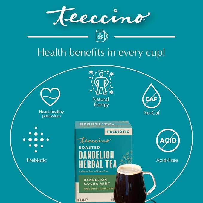 Teeccino Dandelion Mocha Mint Tea - Caffeine Free, Roasted Herbal Tea with Prebiotics, 3x More Herbs than Regular Tea Bags, Gluten Free - 10 Tea Bags