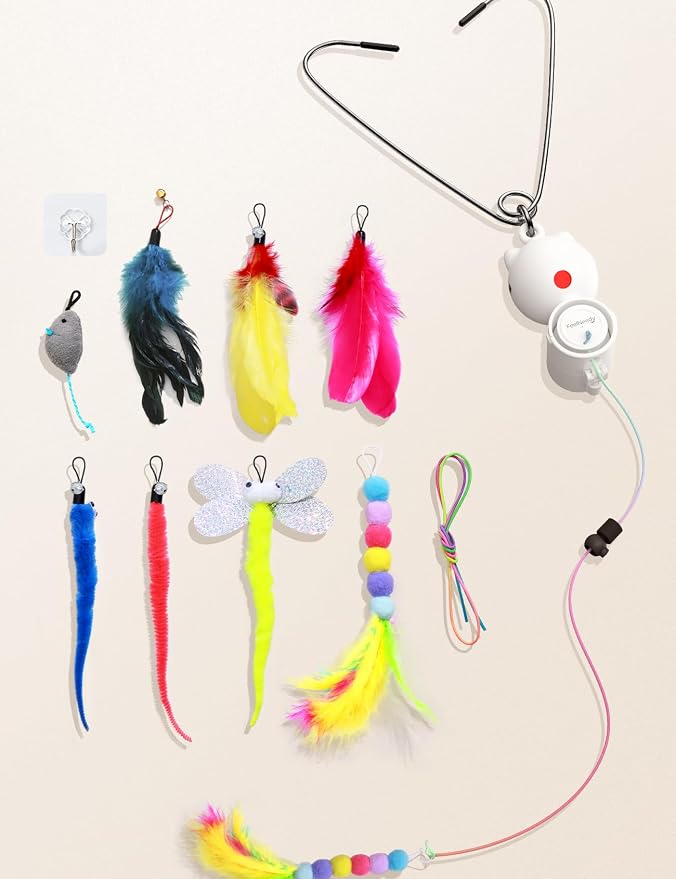 FEELNEEDY Interactive Cat Toys, LED Light, 8 PCS Replacement Teaser with Bell Refills, Feather & Mouse Cats Toy, Hanging Cat Toys for Indoor Cats, for Bored Adult Kitten Exercise, Silver