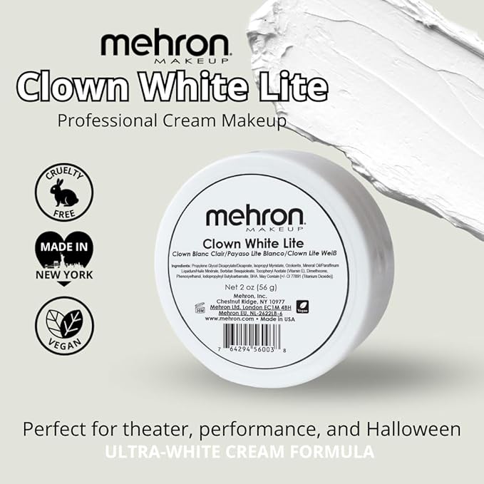 Mehron Makeup Clown White Lite | Professional Face Paint & Body Paint | White Cream Face Paint for Clown Makeup, Stage, Film, Cosplay, Mime, & Halloween 2 oz (56g)