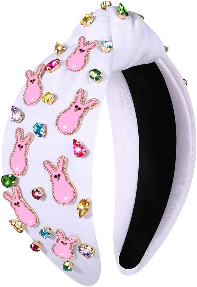 mokkia Easter Headbands Beaded Rabbit Bunny Headband for Women Pink Spring Knotted Headband Easter Hair Accessories Gifts