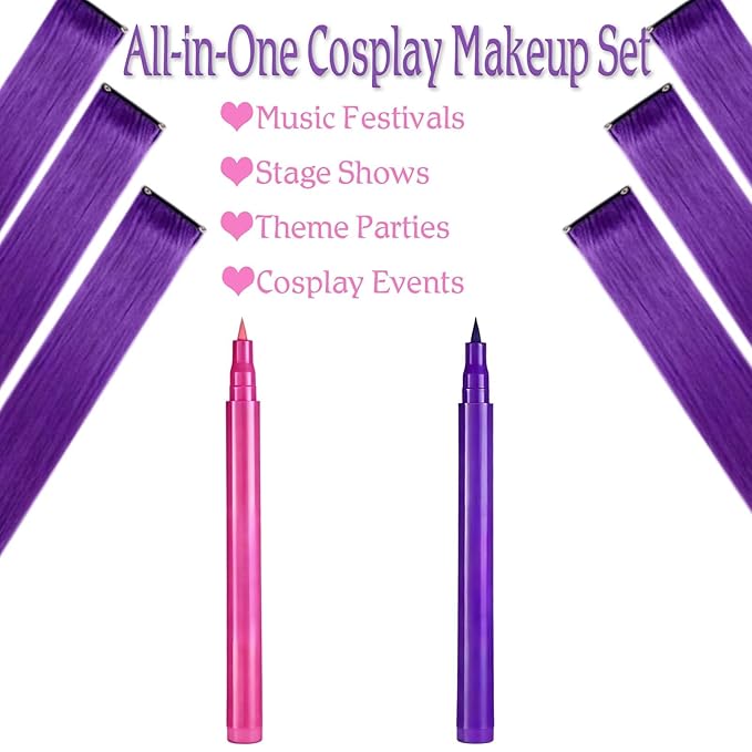 Mysense Cosplay Makeup Set with 6 PCS Purple Hair Extensions, 22-Inch Clip-ins, Purple and Hot Pink Eyeliner, Temporary Tattoo Markers, Rave Accessories for Music Festivals, Stage&Costume Parties