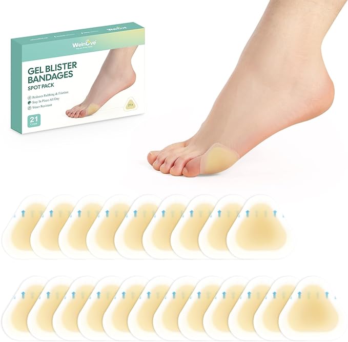 Welnove Gel Blister Bandages for Feet - 21ct Blister Cushion for Heel, Toe - Water-Resistant Hydrocolloid Bandages - Blister Pads for Prevention & Recovery (Spot Pack)