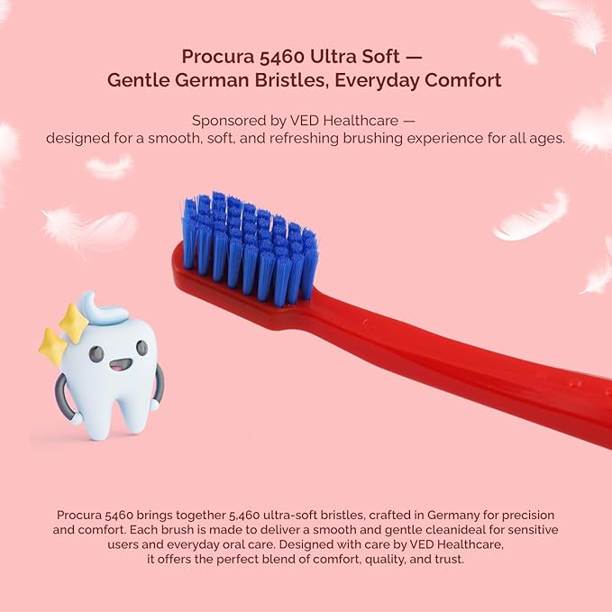 Ved ProCura Ultra Soft Toothbrush – Gentle Manual Toothbrush for Adults with 5,460 Super Soft Bristles for Sensitive Teeth and Gums (RED)