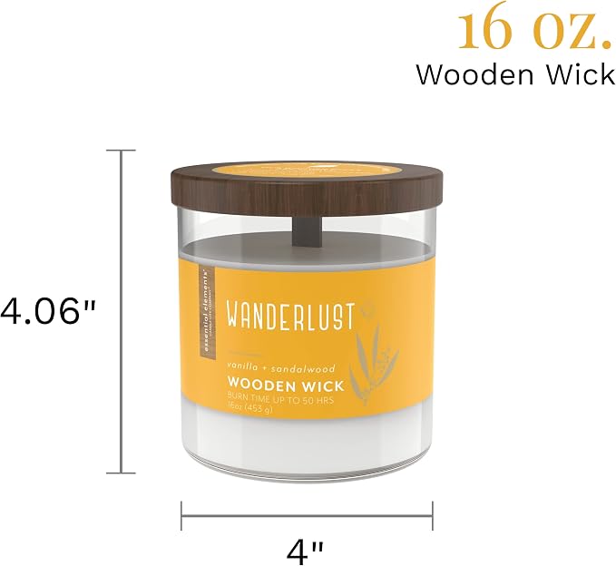 Essential Elements by Candle-Lite Company Wood Wick Scented Candle, Wanderlust, One 16 oz. Single-Wick Aromatherapy Candle with 50 Hours of Burn Time, White