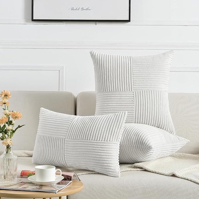 Fancy Homi Pure White Decorative Throw Pillow Covers 22x22 Inch for Living Room Couch Bed, Rustic Farmhouse Boho Home Decor, Soft Corss Corduroy Patchwork Accent Square Cushion Case 55x55 cm
