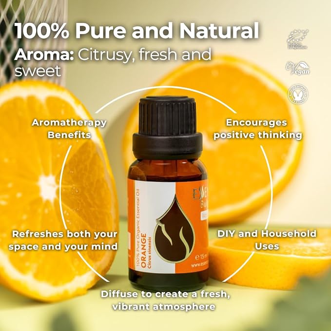 Essences Bulgaria Organic Orange Essential Oil 0.51 Fl Oz 15ml Citrus sinensis - 100% Pure and Natural Undiluted Therapeutic Grade Home Aromatherapy Humidifier Vegan Cosmetic Skincare Candles
