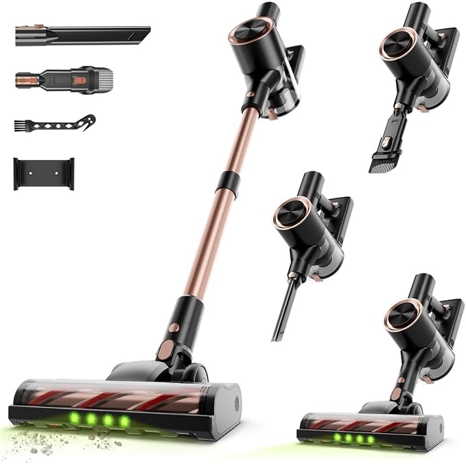 Cordless Stick Vacuum Cleaner - Rechargeable,45Kpa Powerful Suction Vacuum for Home,45Mins Runtime,Detachable Battery,Anti-Tangle, 8 in 1 Lightweight Vacuum for Pet Hair Carpet Hardwood, Gold