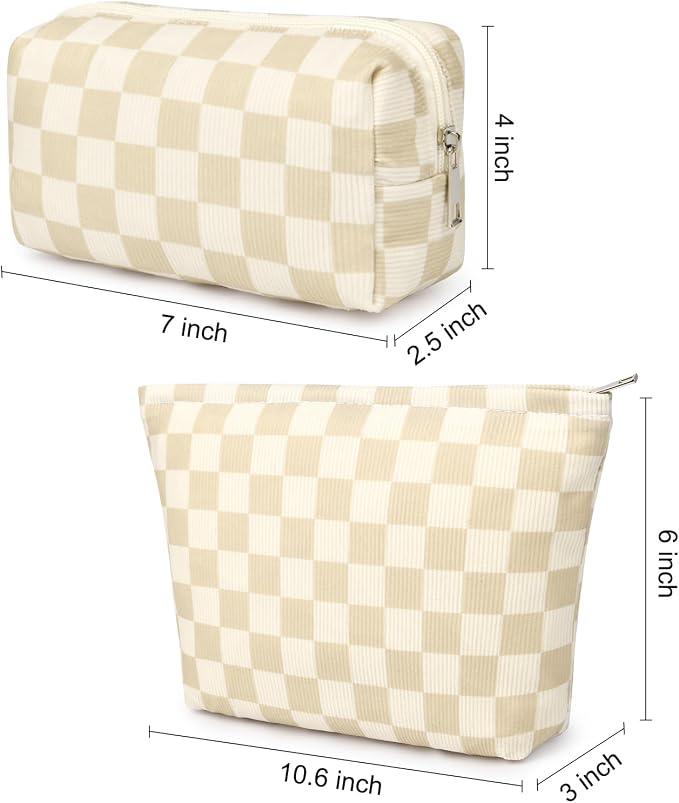 SOIDRAM 2 Pcs Checkered Makeup Bag Large Cosmetic Bag Toiletry Bag Makeup Pouch Travel Bag Organizer Cute Makeup Brushes Aesthetic Accessories Storage Bag for Women Brown Checkered