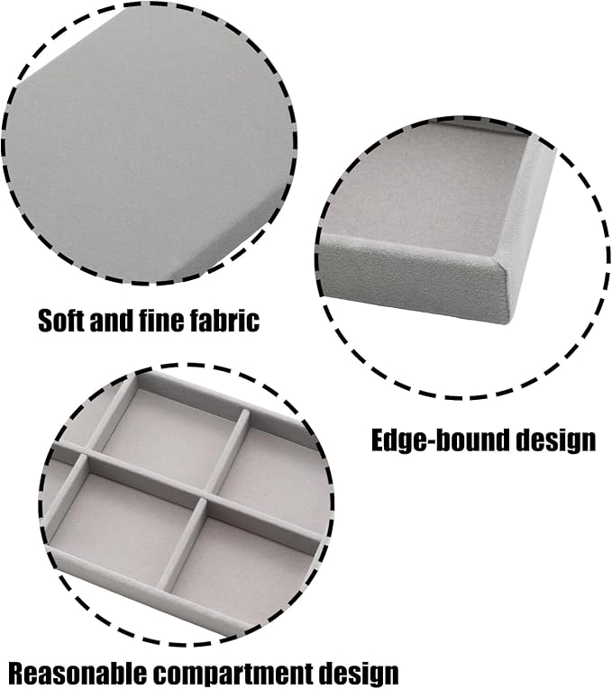 Velvet Jewelry Organizer Trays Gray 6 Grids | Stackable Jewelry Storage Display Tray with Removable Dividers for Drawer Dresser Cloest