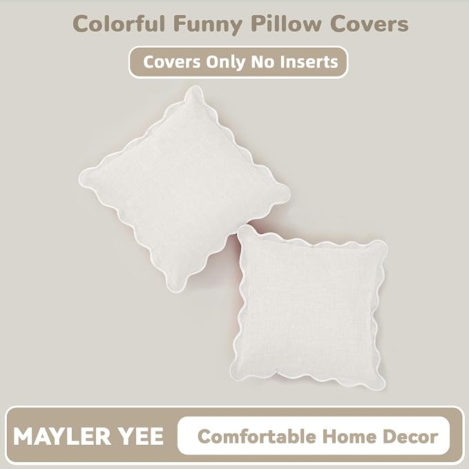 Scalloped Pillow Covers Set of 2 for Living Room | Decorative Sofa Couch Pillows | Boho Sytle Decorative Home | Aesthetic Funky Preppy Pillow Cases (Beige & White, 22x22 Inch)