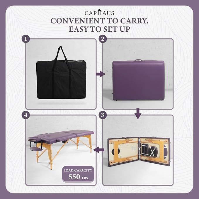 CAPHAUS Premium Memory Foam Massage Table, 84 Inch Foldable & Portable, Height Adjustable Spa Bed, Facial Cradle Salon Bed, Wooden Legs & Carry Case, 28 Inch Wide, Purple