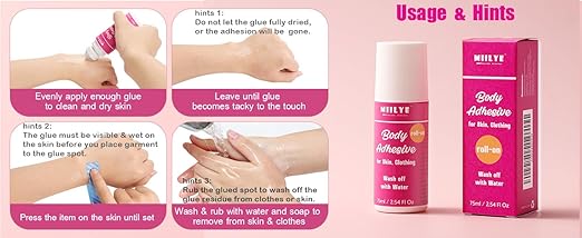Body Adhesive Roll-On for Skin & Clothing 2.54 Oz-Sweat Resistant, Water Wash Off- Fashion Adhesive for Dancers, Socks, Stockings, Leotards, Bras, Wigs, Costumes