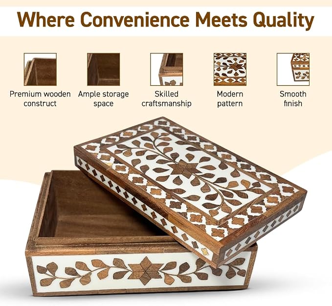 Perilla Home Home Decor Decorative Storage Wooden Box Small Floral Organizer Tool Stash Card Craft Treasure Trinket Memory Keepsake Jewelry Box for Men and Women, Gifts For All, Brown and Off White