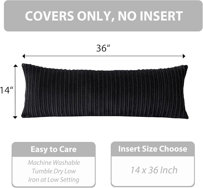 UGASA 14x36 Inch Pillow Cover Pack of 1 Soft Boho Stripe Corduroy Large Long Rectangular Lumbar Cushion Cover Farmhouse Decorative Throw Pillowcase for Bed, Couch, Sofa, Bedroom, Living Room, Black