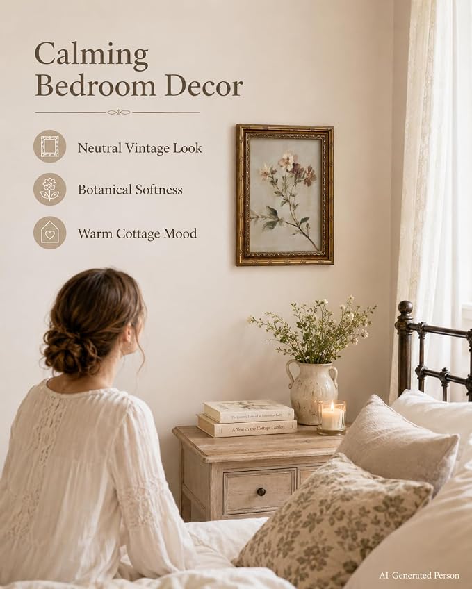 Wildflower Wall Art, Vintage Gold Framed Botanical Canvas, 12 x 16 in | Rustic farmhouse floral print for living room, bedroom, kitchen, hallway, cottagecore or country home decor.