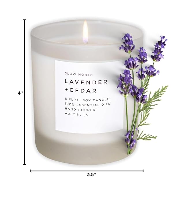 Slow North Lavender + Cedar Candle - Essential Oils and Pure Soy Wax Candle in a Reusable Frosted Glass Jar - A Unique Scented Candle Hand-Poured in the USA (8 oz)