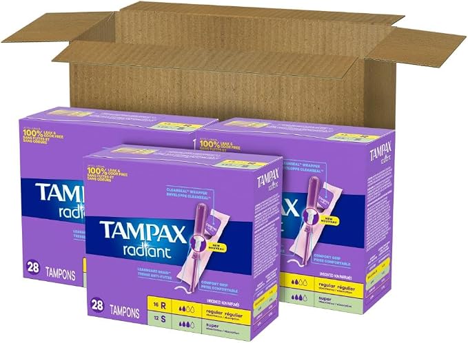 Tampax Radiant Tampons for Women Multipack,with LeakGuard Braid,Regular/Super Absorbency,Unscented,84 Count (Pack of 2)