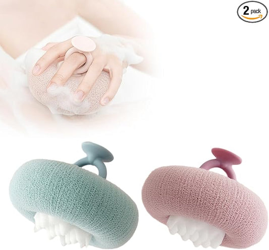 Cecurpo Super Soft Sunflower Suction Cup Bath Ball, 2024 Upgraded 2-in-1 Sunflower Bath Ball Exfoliating Bath Sponge Cleaning Brush, Sponge Mesh Pouf Shower Ball for Women, Men Shower (Purple+Green)