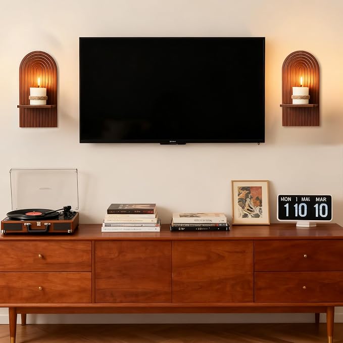 Mid Century Modern Walnut Wall Candle Holder Set of 2 | 3D Arch Candle Sconces, MCM Decor, Wooden Minimalist Shelf, for Plants or Pillars, for Living Room Fireplace