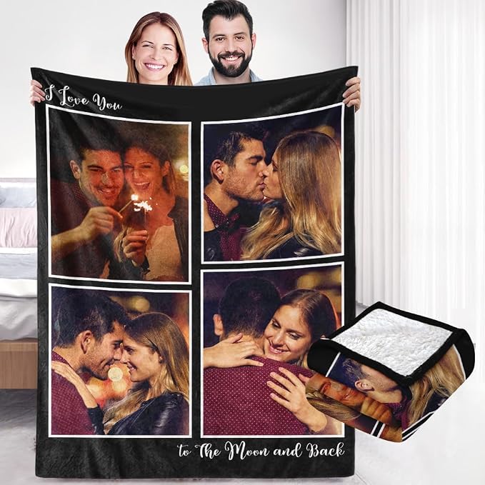 Ships Next Day, Custom Sherpa Fleece Blanket with Photos Text Soft Warm Custom Blanket Personalized Couples Gifts for Boyfriend Girlfriend Customized Picture Blanket Gifts for Christmas Valentines Day