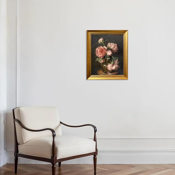 Vintage Framed Dark Floral Picture Wall Decor Pink Peonies Flower Wall Art Farmhouse Moody Canvas Print Artworks for Living Room Bedroom Bathroom Decor