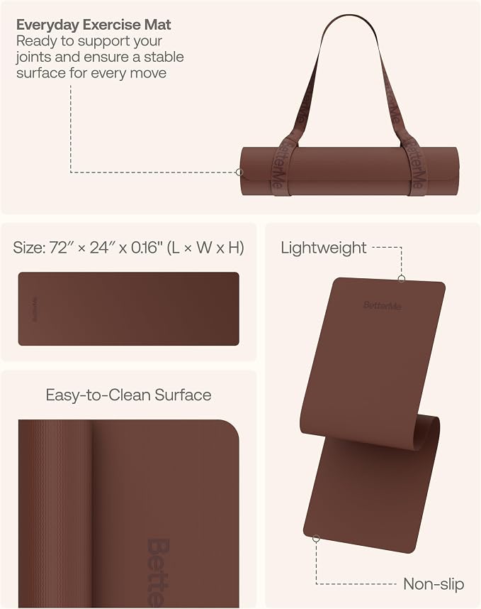 BetterMe Yoga Mat - Non-Slip Exercise Mat for Women - Cushioned Pilates Mat for Home Workouts, Stretching & Hot Yoga - Portable Fitness Mat with Strap