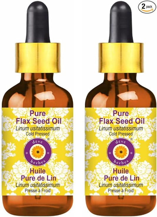 dève herbes Pure Flax Seed Oil (Linum usitatissimum) with Glass Dropper Cold Pressed (Pack of Two) 100ml X 2 (6.76 oz)