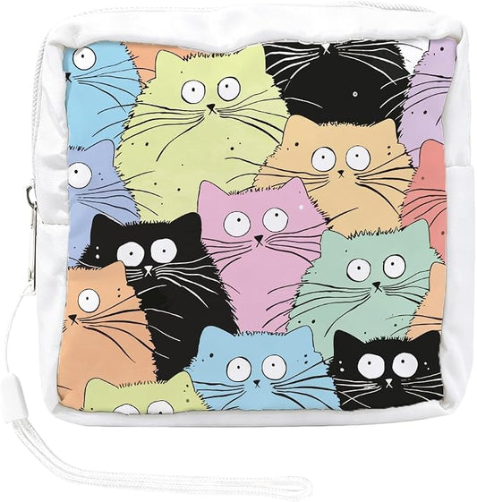 Cat Period Bag 5.12 x 5.12 x 1.57 Inch Sanitary Napkin Storage Bag with Zipper Cute Cat Portable Reusable Waterproof Polyester Menstrual Pad Pouch First Period Gifts for Women Daily Use