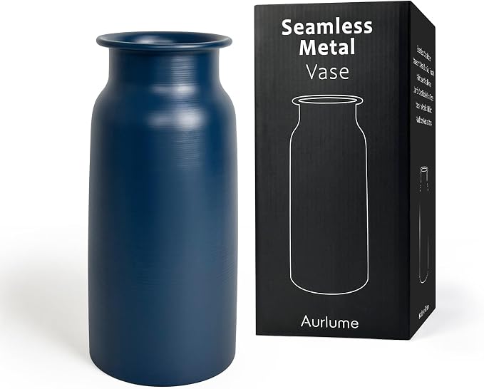 Deep Blue Seamless Metal Flower Vase, 10.8" Modern Flowerpot Minimalist Boho Home Rustic Centerpiece Farmhouse Retro Metallic Vases Decorative for Pampas Grass Bouquet, Anniversary Wedding Gift