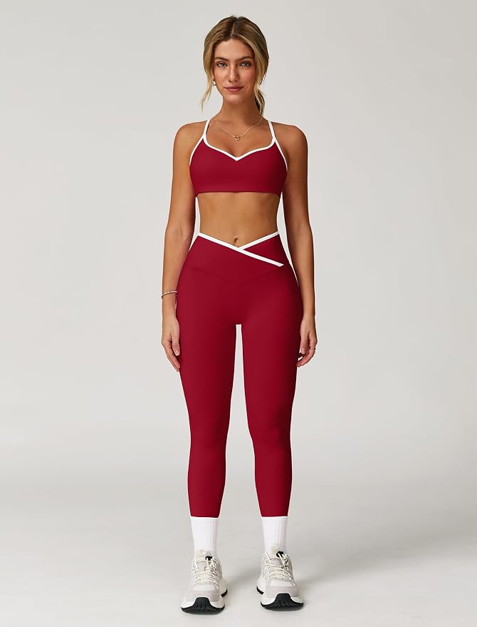 ABOCIW Workout Sets for Women 2 Piece Color Block Strappy Sports Bra High Waist Shorts Gym Yoga Pilates Outfits