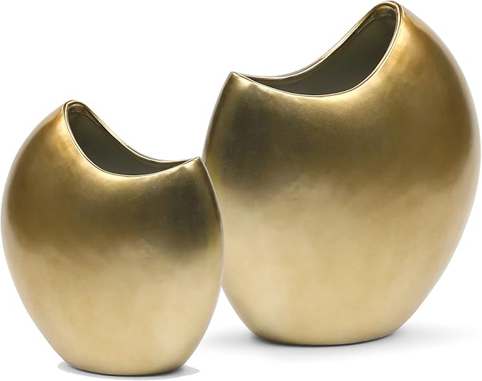WGV Ceramic Moon Vase, 8.5" H, 11" H, Crescent Gold Pot, Round Circular Bouquet Planter for Wedding Office Home Decor, Set of 2 Vases (CUD5108GD+CUD5111GD)