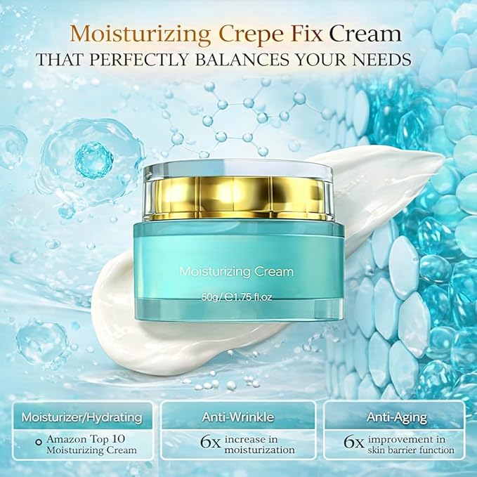 Moisturizing Crepe Fix Cream - Tightens and Firms Face, Neck & Body, Anti Wrinkles for Crepey and Sagging Skin,Non-Greasy Formula with Hyaluronic Acid & Collagen - 1.75 oz