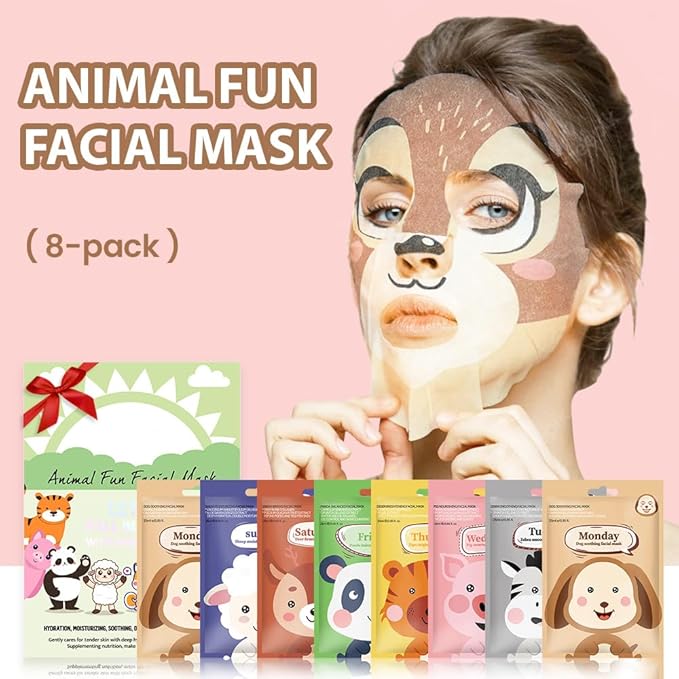 evpct 8-Pack Animal Sheet Face Facial Masks for Women Skincare Spa, Cute Facial Spa Day Slumber Sleepover Birthday Party Favors Supplies Kit, Natural Ingredients, Hydrate and Soothe for All Skin Types