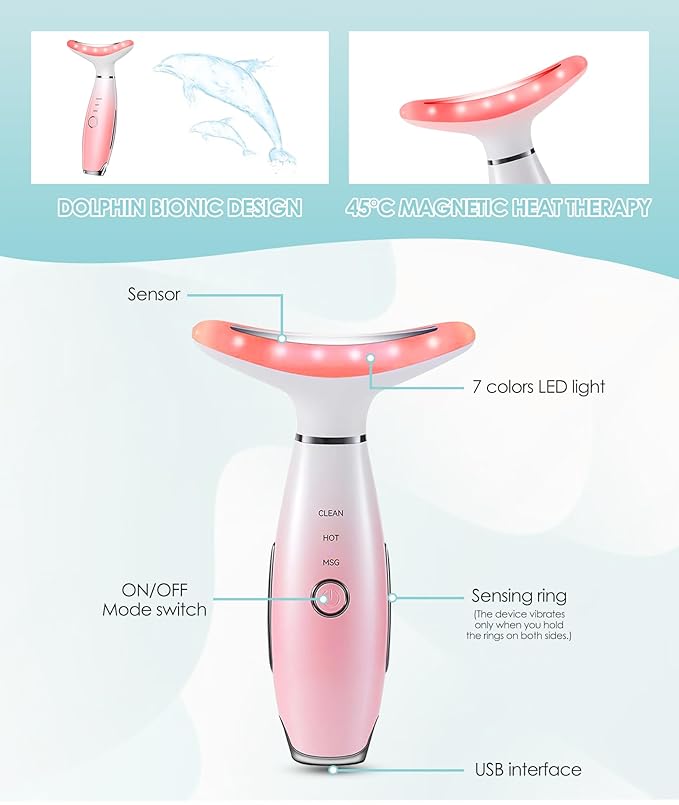 ELISHINE 7 Color Neck Face Massager - Facial Massager Tool for Skin Care at Home, Vibrating Face Massager with Thermals, Pink