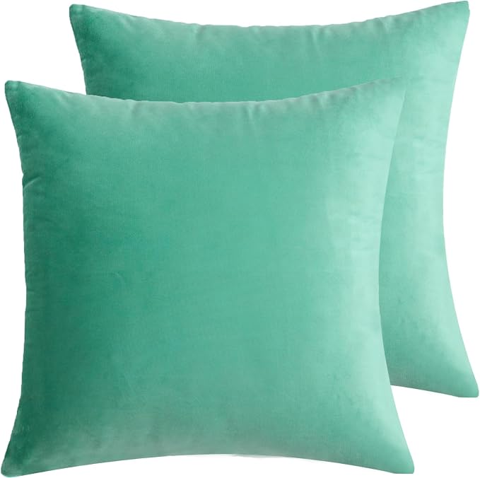 Velvet Decorative Throw Pillow Covers, Soft Square Cushion Case Home Decor for Living Room Couch Bed Sofa, Set of 2 Pack, Aqua Green, 18x18 Inch
