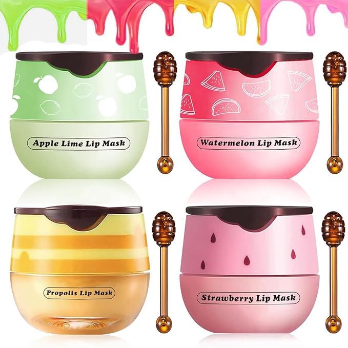 FYEBOO Fruit Lip Mask Set with Honey & Vitamin E, Moisturizing Overnight Treatment, Effective Reduces Lip Lines Prevention Dry and Cracked (4 Flavors)